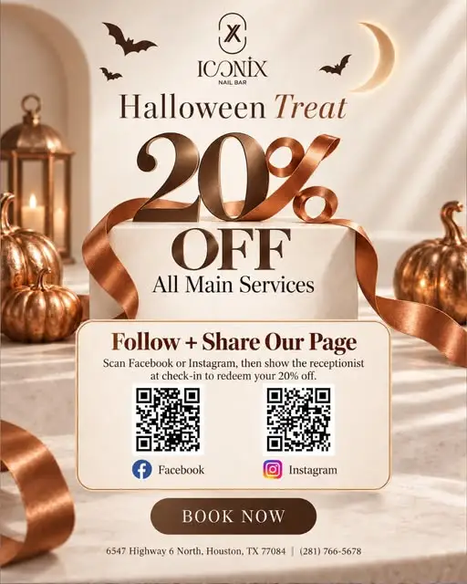 Iconix Nail Bar Halloween Treat: 20% off all main services. Follow and share the Facebook or Instagram page, then show the receptionist at check-in.
